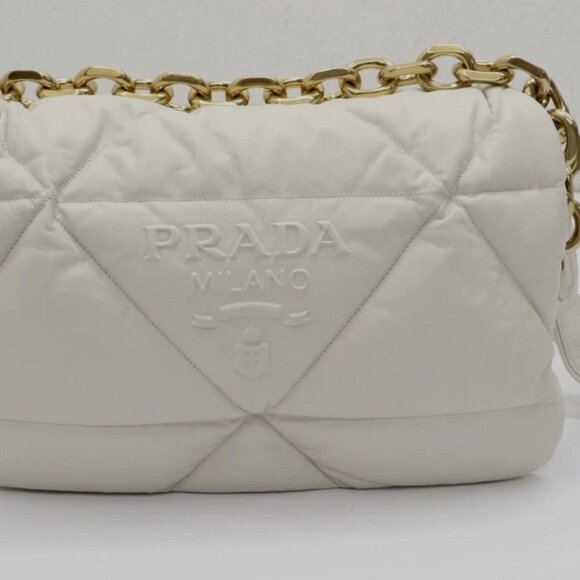 Prada Gold Logo Ivory Quilted Nappa Patch Leather Shoulder Bag - Picture 1 of 8